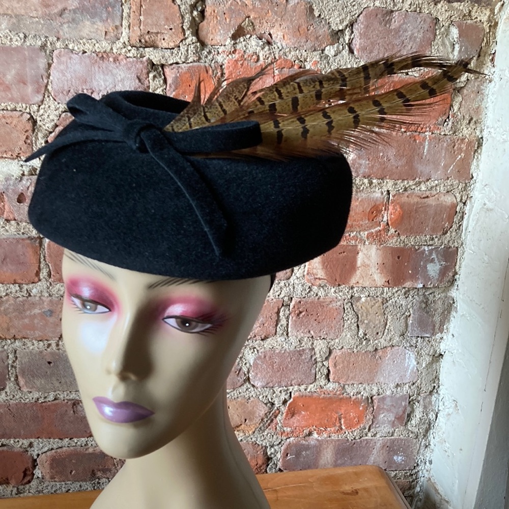 Vintage Classic Black Wool Pillbox Hat with Feather Accent